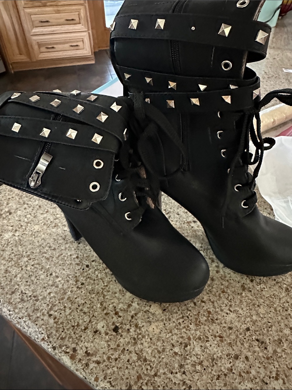 Studded Black Lace-Up High Heel Booties - Women